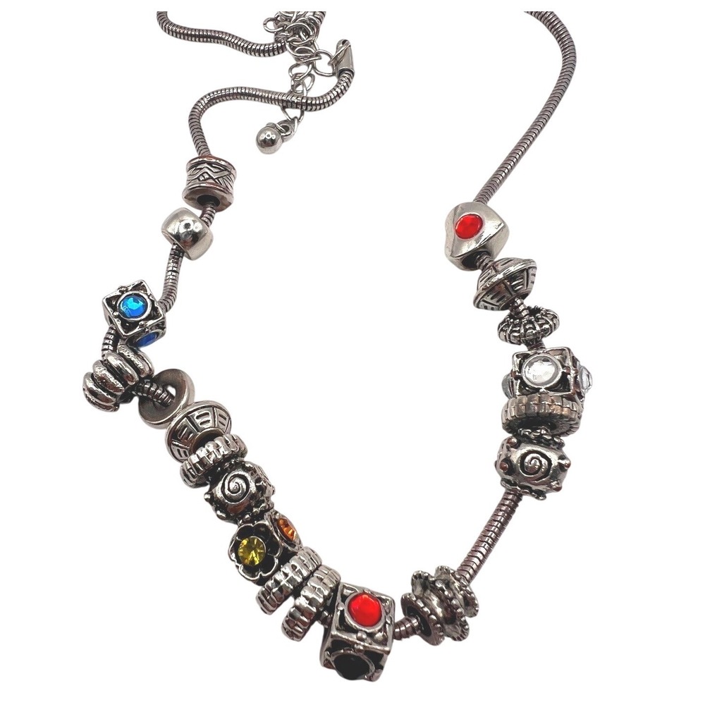 Rondelle Charm Bead Snake Chain‎ Necklace 19" Rhinestones Silver Tone